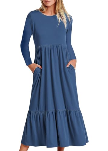 shownicer Damen Kleid Langarm Freizeitkleid Rüschensaum Casual Kleid Rundhals Einfarbig Herbstkleid Lockeres A-Linie Midikleid mit Taschen Boho Lang Kleider A Hellblau M von shownicer