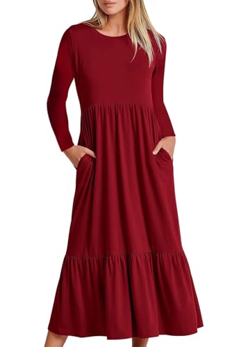 shownicer Damen Kleid Langarm Freizeitkleid Rüschensaum Casual Kleid Rundhals Einfarbig Herbstkleid Lockeres A-Linie Midikleid mit Taschen Boho Lang Kleider A Rot M von shownicer