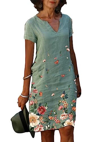 shownicer Damen Kleid Leinen Damen V-Ausschnitt Kurzarm Leinenkleider Knielang Einfarbig Blusenkleid Boho Kleid A-Linie Kleid Freizeitkleid Strandkleider Sommerkleid D Grün XL D Grün XL von shownicer