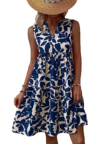 shownicer Damen Kleid V Ausschnitt Ärmellos Sommerkleid A Linie Boho Kleid Blumendruck Knielang Kleid Locker Freizeitkleid Strandkleid Swing Tunika Kleid Minikleid A Blau XL von shownicer