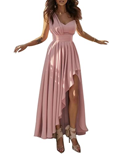 shownicer Damen Kleid V-Ausschnitt Kalter Schulter Maxikleid Elegant Cocktailkleid mit Unregelmässig Saum A-Linie Solid Ballkleid Abendkleid B Rosa M von shownicer