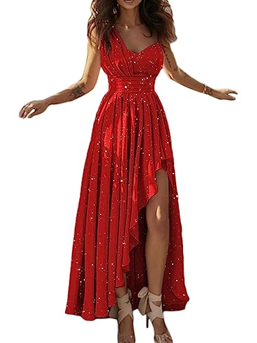 shownicer Damen Kleid V-Ausschnitt Kalter Schulter Maxikleid Elegant Cocktailkleid mit Unregelmässig Saum A-Linie Solid Ballkleid Abendkleid C Rot01 S von shownicer