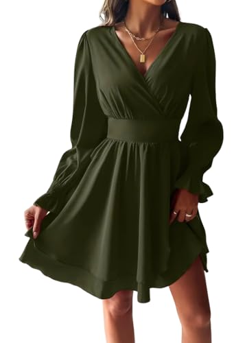 shownicer Damen Kleid V Ausschnitt Lange Ärmel Einfarbig Freizeitkleider Mini Dress A Armeegrün XL von shownicer