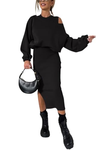 Shownicer Damen Zweiteiliger Ärmellos Kleid Mit Langarm Pullover Oberteil - Einfarbig Herbst Und Winter Freizeitanzug A Schwarz XS von shownicer