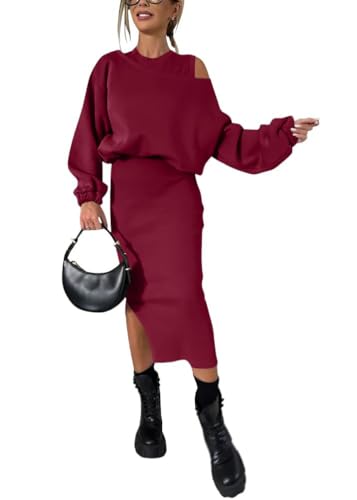 Shownicer Damen Zweiteiliger Freizeitanzug - Ärmelloses Kleid + Langarm Pullover Oberteil - Einfarbig für Herbst Und Winter - Weinrot L von shownicer