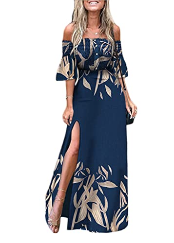 shownicer Damen Kleider Boho Drucken Elegant MaxiKleid Casual Bandeau schulterfrei Sommerkleid Blumenkleid Kurzarm Lang Kleider Freizeitkleider Strandkleider mit Schlitz Blau S von shownicer