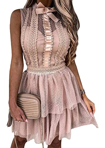 shownicer Damen Kleider Elegant Kurz Spitzenkleid A-Linie Ärmellos Tunika Mini Kleider Mesh Strandkleid Freizeitkleid A Rosa S von shownicer