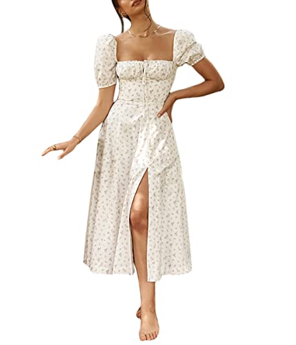 shownicer Damen Kleider Sexy Schulterfrei Blumen Sommerkleid Hohe Taille Lange Strandkleid Puffärmel Boho Kleid Kordelzug Maxikleid mit Schlitz A Beige XL von shownicer