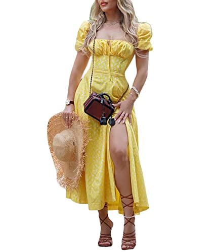 shownicer Damen Kleider Sexy Schulterfrei Blumen Sommerkleid Hohe Taille Lange Strandkleid Puffärmel Boho Kleid Kordelzug Maxikleid mit Schlitz A Dunkelgelb L von shownicer