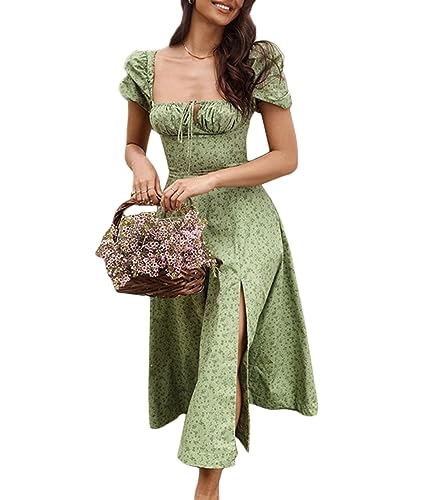 shownicer Damen Kleider Sexy Schulterfrei Blumen Sommerkleid Hohe Taille Lange Strandkleid Puffärmel Boho Kleid Kordelzug Maxikleid mit Schlitz A Grün XS von shownicer