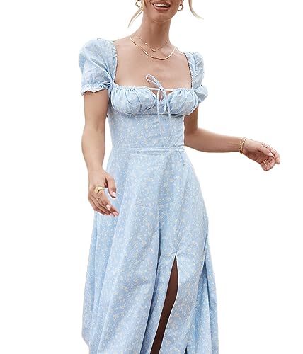 shownicer Damen Kleider Sexy Schulterfrei Blumen Sommerkleid Hohe Taille Lange Strandkleid Puffärmel Boho Kleid Kordelzug Maxikleid mit Schlitz A Himmelblau L von shownicer