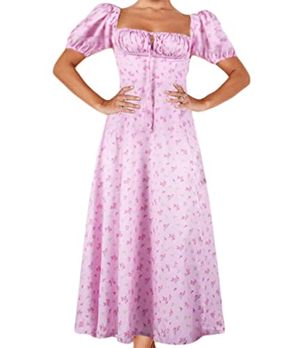 shownicer Damen Kleider Sexy Schulterfrei Blumen Sommerkleid Hohe Taille Lange Strandkleid Puffärmel Boho Kleid Kordelzug Maxikleid mit Schlitz A Rosa L von shownicer