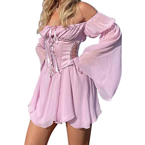 shownicer Damen Kleider Sexy Schulterfrei Blumen Sommerkleid Mit Korsett Chic Flare Hülse Kleider 2 Stück Set Boho Strandkleid Mini Kleider A Rosa (2-teiliges Set) M von shownicer