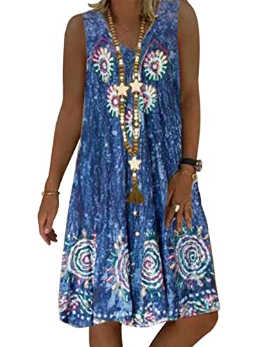 shownicer Damen Kleider Sommer Freizeit Boho V-Ausschnitt Midi Kleid Ärmellos Lose Knielang Strandkleider A Linie Sommerkleid Elegant Strandkleid MiniKleid Damen A Blau L von shownicer