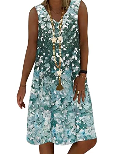 shownicer Damen Kleider Sommer Freizeit Boho V-Ausschnitt Midi Kleid Ärmellos Lose Knielang Strandkleider A Linie Sommerkleid Elegant Strandkleid MiniKleid Damen A Grün XL von shownicer