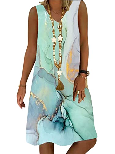 shownicer Damen Kleider Sommer Freizeit Boho V-Ausschnitt Midi Kleid Ärmellos Lose Knielang Strandkleider A Linie Sommerkleid Elegant Strandkleid MiniKleid Damen A Hellgrün L von shownicer