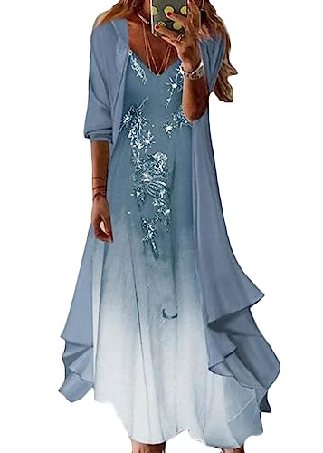 shownicer Damen Kleider Strand A-Linie Kleid Langarm Sommerkleider Boho Lose Maxi Langes Kleider Große Größe Tüll Strickjacke A Blau01 3XL von shownicer