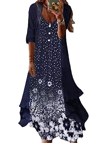 shownicer Damen Kleider Strand A-Linie Kleid Langarm Sommerkleider Boho Lose Maxi Langes Kleider Große Größe Tüll Strickjacke A Dunkelblau M von shownicer