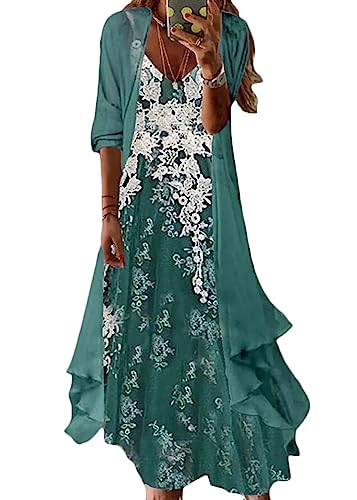 shownicer Damen Kleider Strand A-Linie Kleid Langarm Sommerkleider Boho Lose Maxi Langes Kleider Große Größe Tüll Strickjacke A Grün01 XL von shownicer