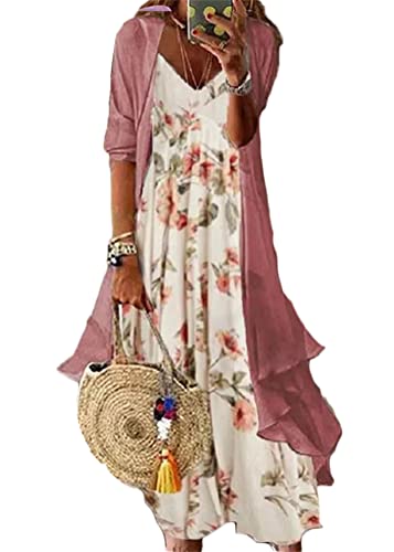 shownicer Damen Kleider Strand A-Linie Kleid Langarm Sommerkleider Boho Lose Maxi Langes Kleider Große Größe Tüll Strickjacke A Rosa02 3XL von shownicer