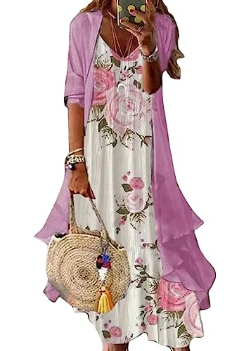 shownicer Damen Kleider Strand A-Linie Kleid Langarm Sommerkleider Boho Lose Maxi Langes Kleider Große Größe Tüll Strickjacke A Rosa03 S von shownicer