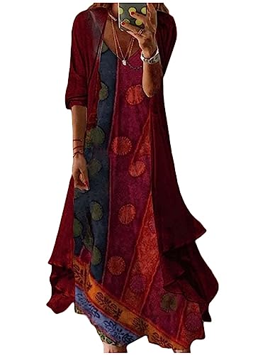 shownicer Damen Kleider Strand A-Linie Kleid Langarm Sommerkleider Boho Lose Maxi Langes Kleider Große Größe Tüll Strickjacke A Rot 3XL von shownicer