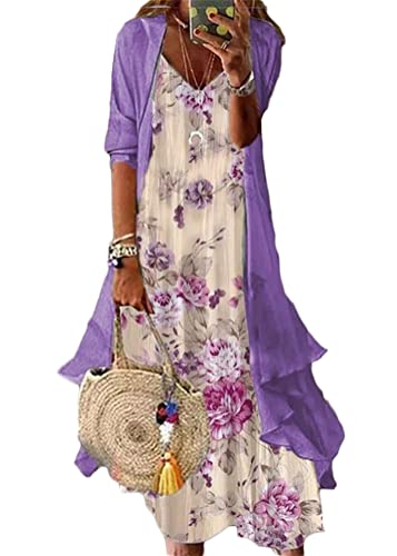 shownicer Damen Kleider Strand A-Linie Kleid Langarm Sommerkleider Boho Lose Maxi Langes Kleider Große Größe Tüll Strickjacke A Violett02 3XL von shownicer