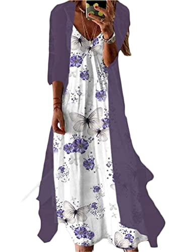 shownicer Damen Kleider Strand A-Linie Kleid Langarm Sommerkleider Boho Lose Maxi Langes Kleider Große Größe Tüll Strickjacke A Violett04 3XL von shownicer