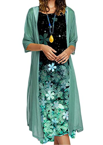 shownicer Damen Kleider Strand A-Linie Kleid Langarm Sommerkleider Boho Lose Maxi Langes Kleider Große Größe Tüll Strickjacke Z6 Grün XL von shownicer