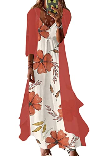 shownicer Damen Kleider Strand A-Linie Kleid Langarm Sommerkleider Boho Lose Maxi Langes Kleider Große Größe Tüll Strickjacke Z7 Orange 3XL von shownicer