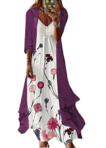 shownicer Damen Kleider Strand A-Linie Kleid Langarm Sommerkleider Boho Lose Maxi Langes Kleider Große Größe Tüll Strickjacke Z7 Violett 3XL von shownicer