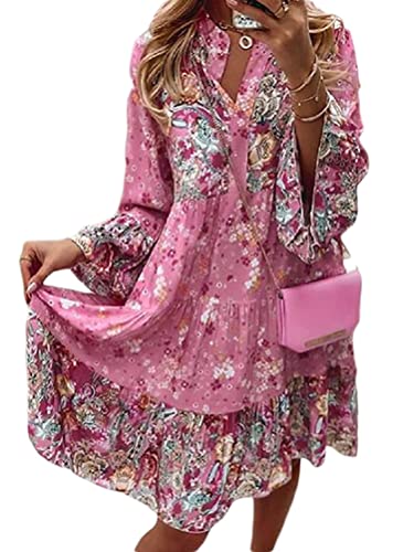 shownicer Damen Kleider Strandkleid Boho Tunika Sommerkleid V-Ausschnitt Blumenkleid Lose A-Linie 3/4-Arm Mini Kleider Spitze Quaste Freizeit Kleid A Rosa 3XL von shownicer