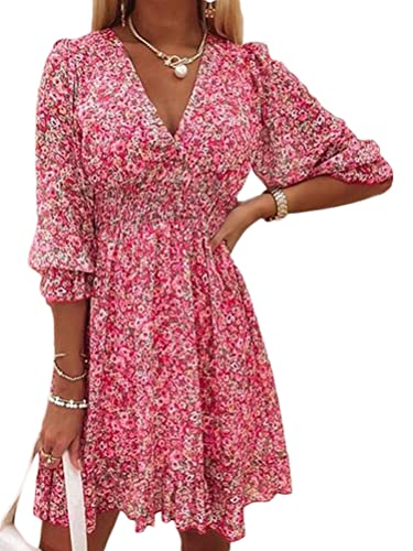 shownicer Damen Kleider Strandkleid Boho Tunika Sommerkleid V-Ausschnitt Blumenkleid Lose A-Linie 3/4-Arm Mini Kleider Spitze Quaste Freizeit Kleid E Rosa XL von shownicer