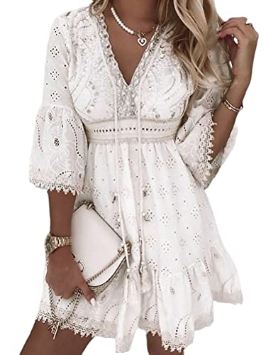 shownicer Damen Kleider Strandkleid Boho Tunika Sommerkleid V-Ausschnitt Blumenkleid Lose A-Linie 3/4-Arm Mini Kleider Spitze Quaste Freizeit Kleid K Weiß XL von shownicer