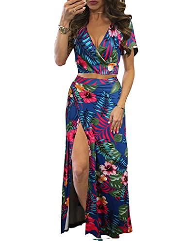 shownicer Damen Kleider V-Ausschnitt A Linie Sommerkleid Blume Cinched Top Freizeitkleid Outfit Suit Ärmellose Sling Tube Top Rock Kleid Sexy Zweiteiliges Set 11 Blau S von shownicer