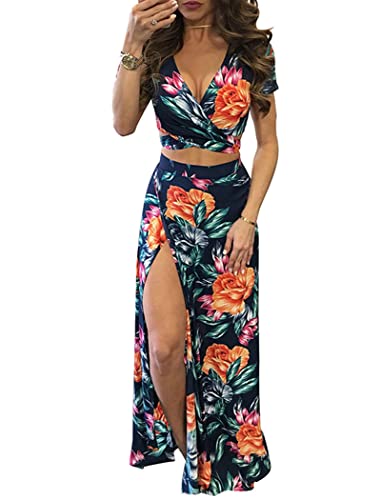 shownicer Damen Kleider V-Ausschnitt A Linie Sommerkleid Blume Cinched Top Freizeitkleid Outfit Suit Ärmellose Sling Tube Top Rock Kleid Sexy Zweiteiliges Set 2 Orange M von shownicer