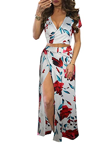 shownicer Damen Kleider V-Ausschnitt A Linie Sommerkleid Blume Cinched Top Freizeitkleid Outfit Suit Ärmellose Sling Tube Top Rock Kleid Sexy Zweiteiliges Set 4 Weiß S von shownicer