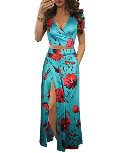 shownicer Damen Kleider V-Ausschnitt A Linie Sommerkleid Blume Cinched Top Freizeitkleid Outfit Suit Ärmellose Sling Tube Top Rock Kleid Sexy Zweiteiliges Set 7 Grün S von shownicer