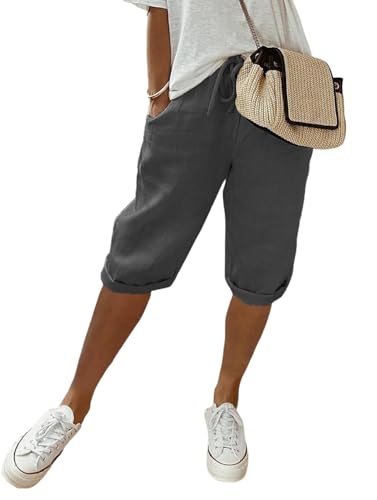shownicer Damen Knielang Sommerhose Leicht Hohe Taille Leinenhose Sommer Luftig Locker Caprihose Stoffhose mit Tunnelzug und Taschen A Dunkelgrau XXL von shownicer