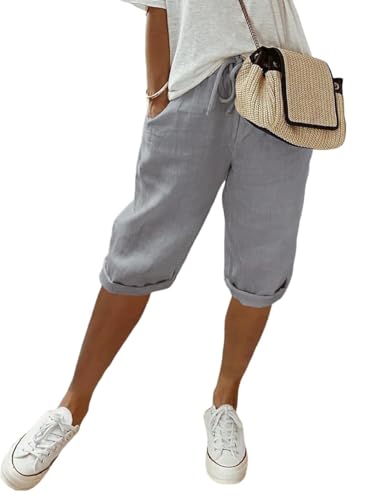 shownicer Damen Knielang Sommerhose Leicht Hohe Taille Leinenhose Sommer Luftig Locker Caprihose Stoffhose mit Tunnelzug und Taschen A Hellgrau XL von shownicer