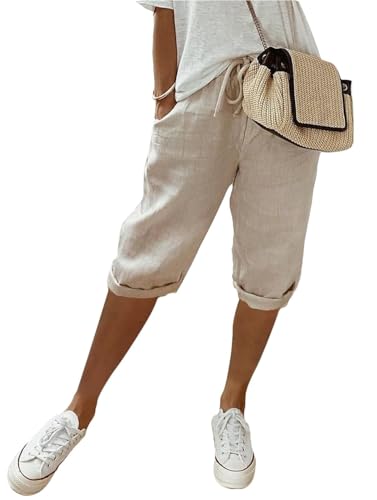 shownicer Damen Knielang Sommerhose Leicht Hohe Taille Leinenhose Sommer Luftig Locker Caprihose Stoffhose mit Tunnelzug und Taschen A Khaki 3XL von shownicer