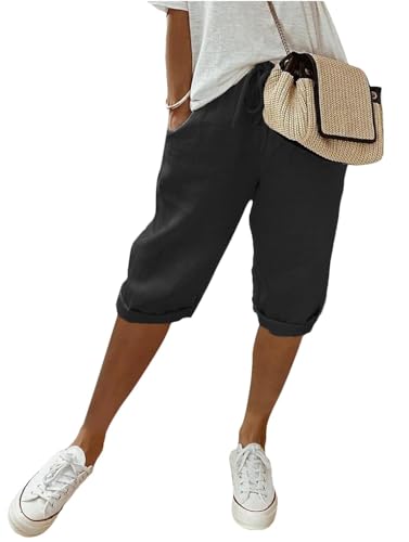 shownicer Damen Knielang Sommerhose Leicht Hohe Taille Leinenhose Sommer Luftig Locker Caprihose Stoffhose mit Tunnelzug und Taschen A Schwarz L von shownicer