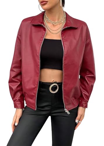 shownicer Damen Kunstlederjacke Casual Lederjacke Langarm Bomberjacke Reißverschluss Kurz Blouson Jacke Übergangsjacke Pilotenjacke Moto Biker Lederjacke Fliegerjacke Outwear A Rot S von shownicer