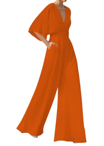 shownicer Damen Kurzarm V-Ausschnitt Elegant Lang Jumpsuit Overall Hosenanzug Playsuit Romper Hose mit Weitem Bein A Orange XXL von shownicer