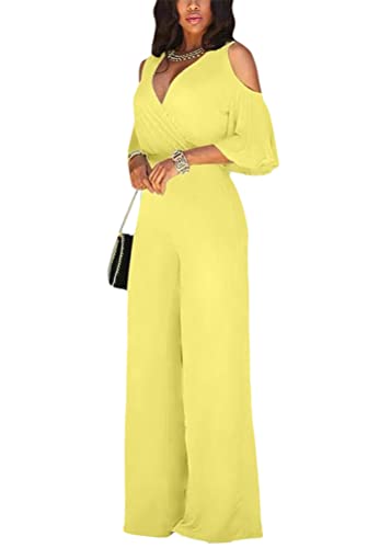 shownicer Damen Kurzarm V-Ausschnitt Elegant Lang Jumpsuit Overall mit Gürtel Hosenanzug Playsuit Romper Schulterausschnitt Hose mit Weitem Bein A Gelb XL von shownicer