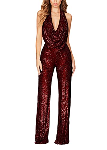 shownicer Damen Kurzarm V-Ausschnitt Elegant Lang Jumpsuit Overall mit Gürtel Hosenanzug Playsuit Romper Schulterausschnitt Hose mit weitem Bein A Weinrot M von shownicer