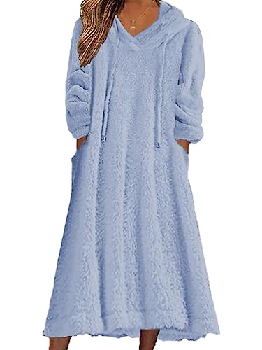 shownicer Damen Lang Fleece Kleid mit Kapuze Langarm Rundhals Hoodie Lässige Lose Kapuzenpullover-Kleid Warme Plüsch Longpullover mit Taschen Herbst Winter A Blau XXL von shownicer