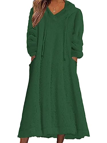 shownicer Damen Lang Fleece Kleid mit Kapuze Langarm Rundhals Hoodie Lässige Lose Kapuzenpullover-Kleid Warme Plüsch Longpullover mit Taschen Herbst Winter A Grün 3XL von shownicer