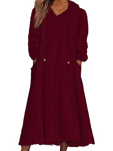 shownicer Damen Lang Fleece Kleid mit Kapuze Langarm Rundhals Hoodie Lässige Lose Kapuzenpullover-Kleid Warme Plüsch Longpullover mit Taschen Herbst Winter A Rot L von shownicer