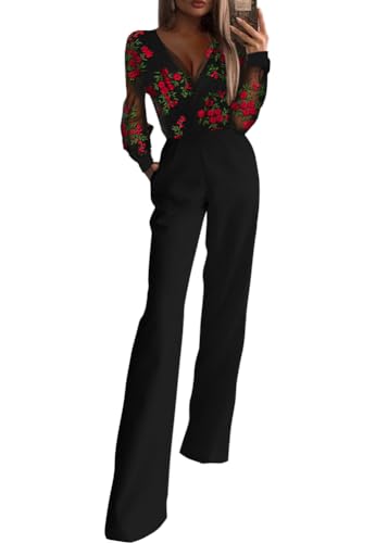 shownicer Damen Lang Jumpsuit Elegant Sommer Kurzarm V-Ausschnitt Overall Hosenanzug Romper Weites Bein Playsuit Mit Taschen B Schwarz XL von shownicer